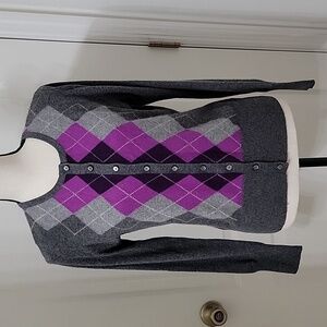 Apt. 9 Size M 100% Cashmere Purple, Gray & Black Argyle Cardigan Sweater